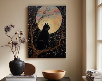 月明かりに照らされた猫のキャンバスプリント：神秘的な猫と月の壁