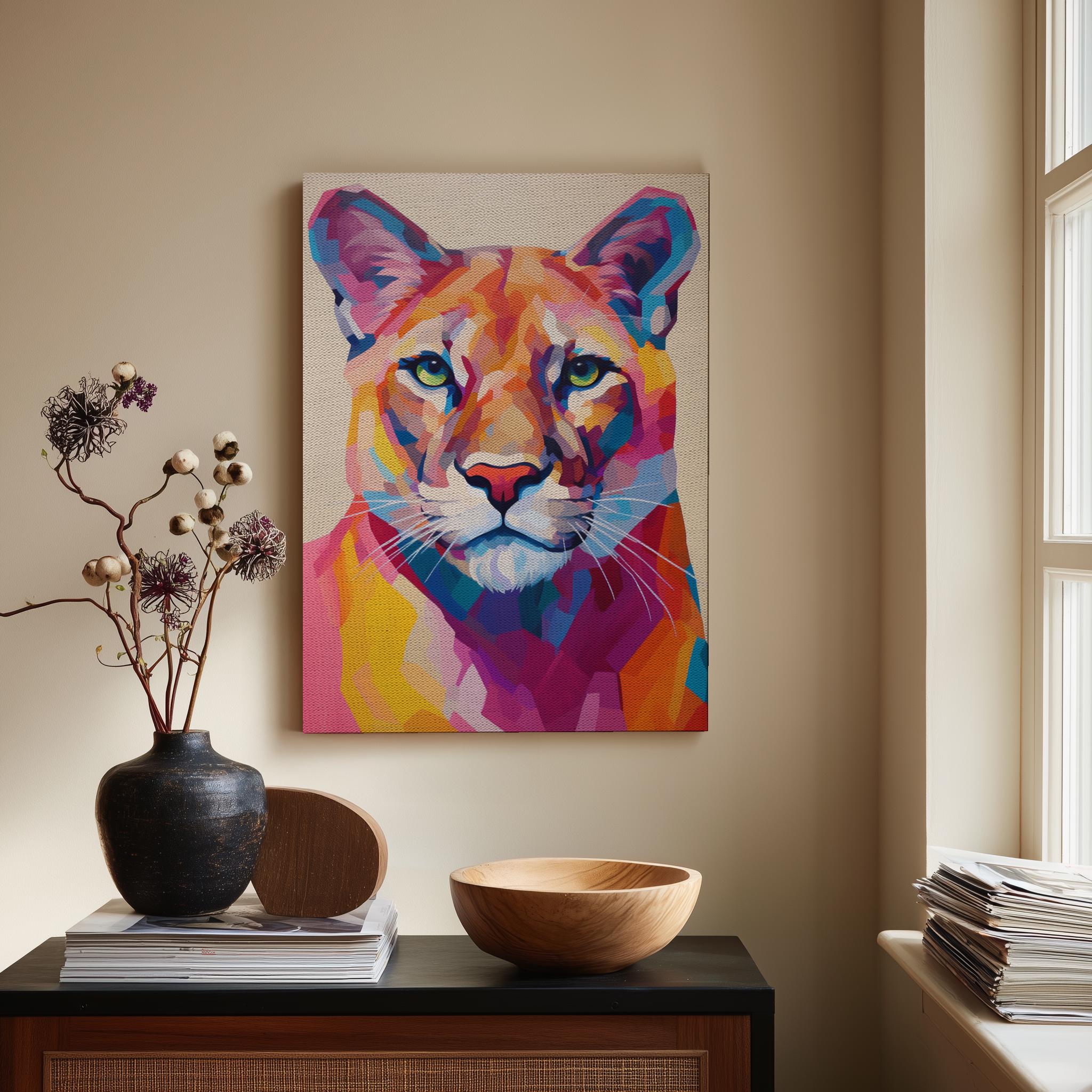 Vibrant Geometric Cougar Canvas Art, Modern Abstract Mountain Lion