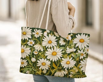 Oversized Daisy Weekender Bag | Vintage Floral Travel Tote | Botanical Art Nouveau Design | Cottagecore Nature Lover Gift for Her, Stylish