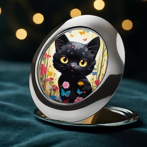 Miroir compact Black Cat fantaisiste | Miroir de voyage papillon floral Kawaii | Cadeau mignon pour amoureux des chats | Accessoire de maquillage portable