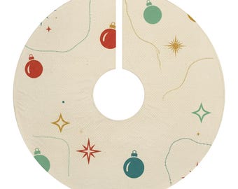 Retro Mid-Century Modern Christmas Tree Skirt with Starburst Ornament Design, Muted Festive Colors, Cozy Fleece Holiday Decor Gift Idea