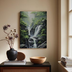 Waterfall Whisper Canvas Print | Serene Nature Landscape Wall Art | Tranquil Forest Waterfall Decor | Peaceful Home Ambiance | Calming Art