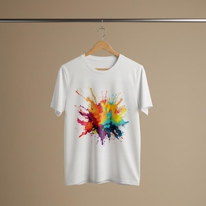 鮮やかな抽象画のスプラッシュ柄、ユニセックスのガーメントダイTシャツ | エネルギッシュな芸術的表現アパレル | アーティストのためのカラフルな流体アートTシャツ