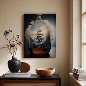 Impresión en lienzo de un barco surrealista en una botella / Arte mural náutico espectacular / Decoración de velero de viaje oceánico / Regalo único de aventura para el hogar