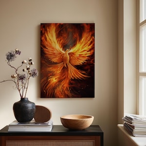 Stampa artistica su tela raffigurante una maestosa fenice / Decorazione murale raffigurante un uccello mitologico infuocato / Opera d'arte per ufficio, soggiorno, casa, simbolismo della rinascita e fantasia