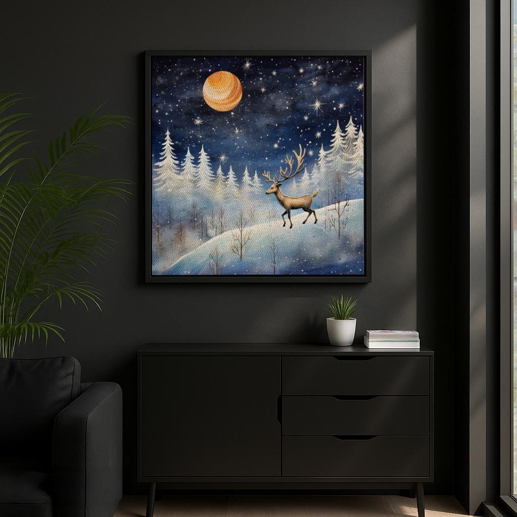 Winter Wonderland Deer Art Print | Celestial Night Canvas | Snowy ...