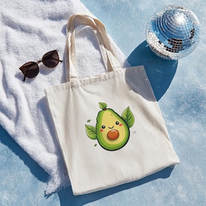 Kawaii Avocado Tote Bag | Cute Happy Smiling Avocado Canvas Bag | Foodie Gift | Healthy Lifestyle Reusable Eco-Friendly Durable Everyday