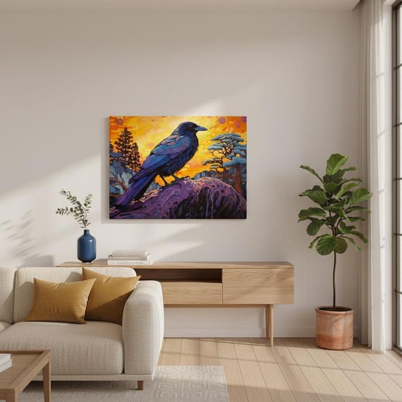 鮮やかなミスティックレイヴンキャンバス、サイケデリックな風景画