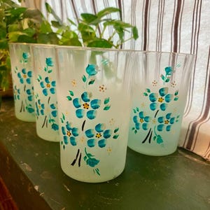 Four Frosted Vintage Blue Floral Juice Glasses