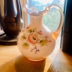 Fenton Peach Pink Hand Painted Glass Pitcher