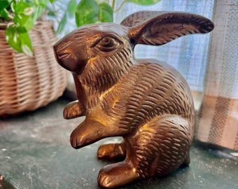 Vintage Solid Brass Rabbit Figurine Heavy 1.85 lbs Bunny Statue Cottage Decor Hare Paperweight