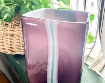 Hand Blown Art Glass Vase Purple Blue White | Square Ribbon Candy Style Vase | Luminary