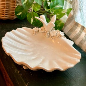 Vintage White Dove Shell Trinket Dish, Signed CH, Coastal Cottage Decor, Peaceful Memorial Gift