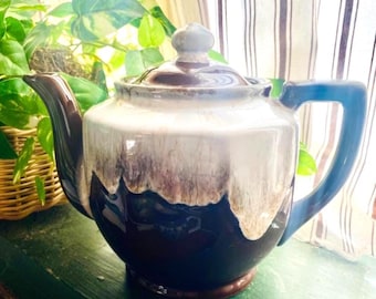 Japoński czajniczek z glazurą w stylu vintage z połowy XX wieku, brązowo-biały, ceramiczny, MCM