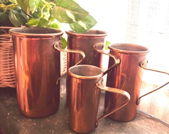 Juego de 4 tazas medidoras de cobre vintage con mango de latón, utensilios de repostería estilo rústico, 1, 3/4, 1/2, 1/4 de taza.