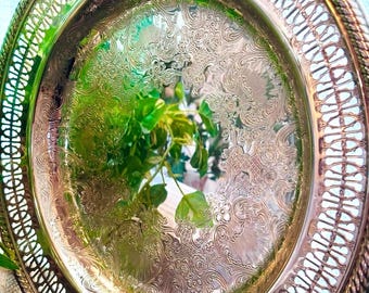 vintage Rogers by Oneida plateau en métal argenté percé avec rebord galerie, meuble-lavabo/chariot de bar Mid-Century