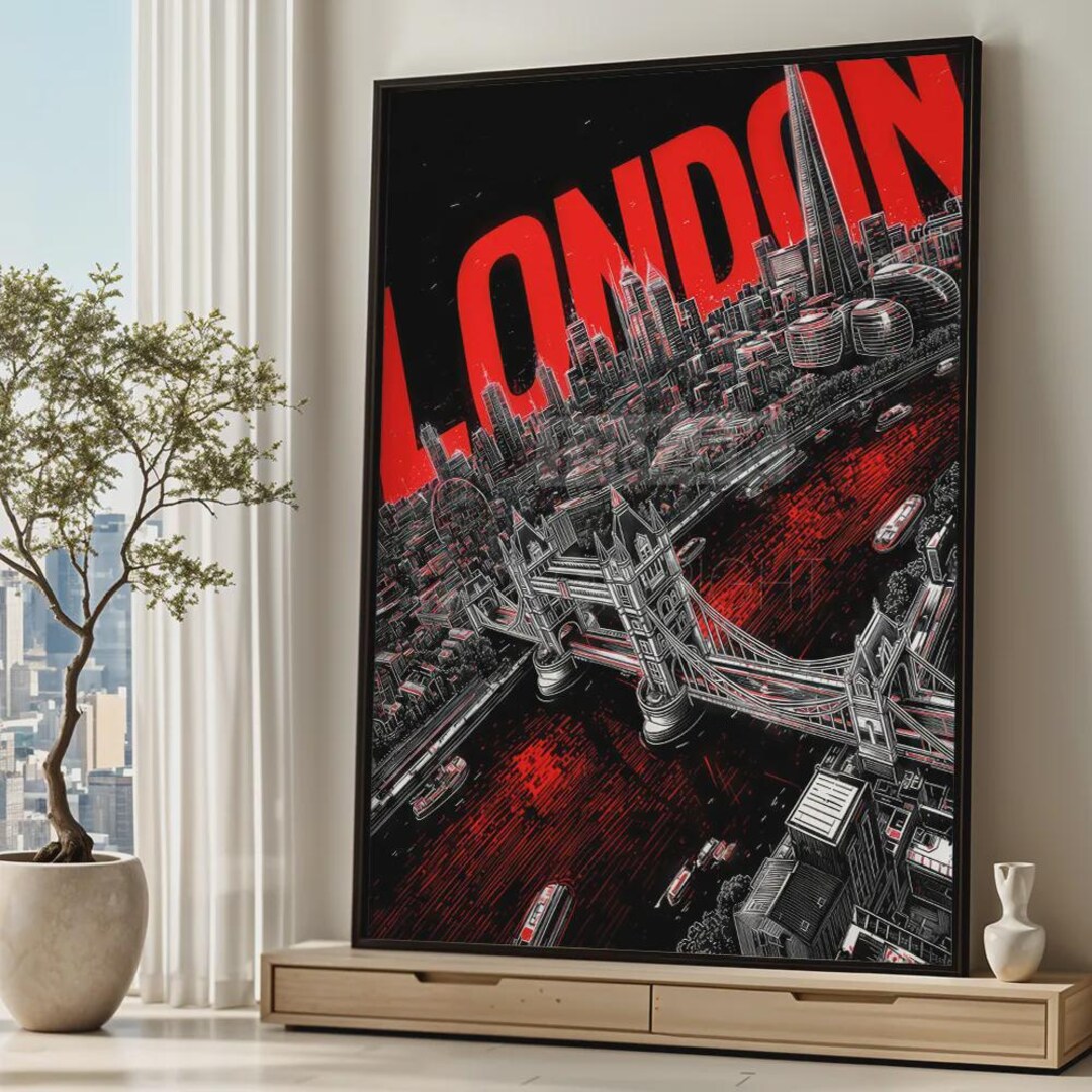 London City in Red Poster Art Print, Wall Decor Tower Bridge Thames ...