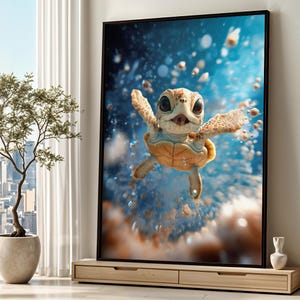 Grafika artystyczna przedstawiająca małego żółwia morskiego, duża dekoracja ścienna z podwodnym zwierzęciem oceanicznym