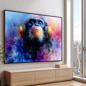 Canvas Kleurrijke aap met koptelefoon - moderne dieren kunst aan de grote muur