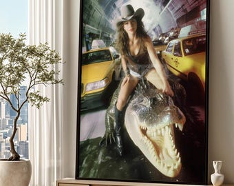 Grafika artystyczna „Kowbojka jadąca na aligatorze”, duży wystrój ścienny w stylu western, osobliwy surrealizm pop