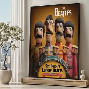 May include: A framed poster featuring a whimsical illustration of The Beatles. The artwork depicts the band members as stylized figures in colorful Sgt. Pepper's Lonely Hearts Club Band uniforms, with the album title prominently displayed.