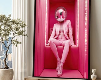 Disco Ball Head Pink Suit Art Print, Modern Surrealist Portrait, Trendy Wall Decor