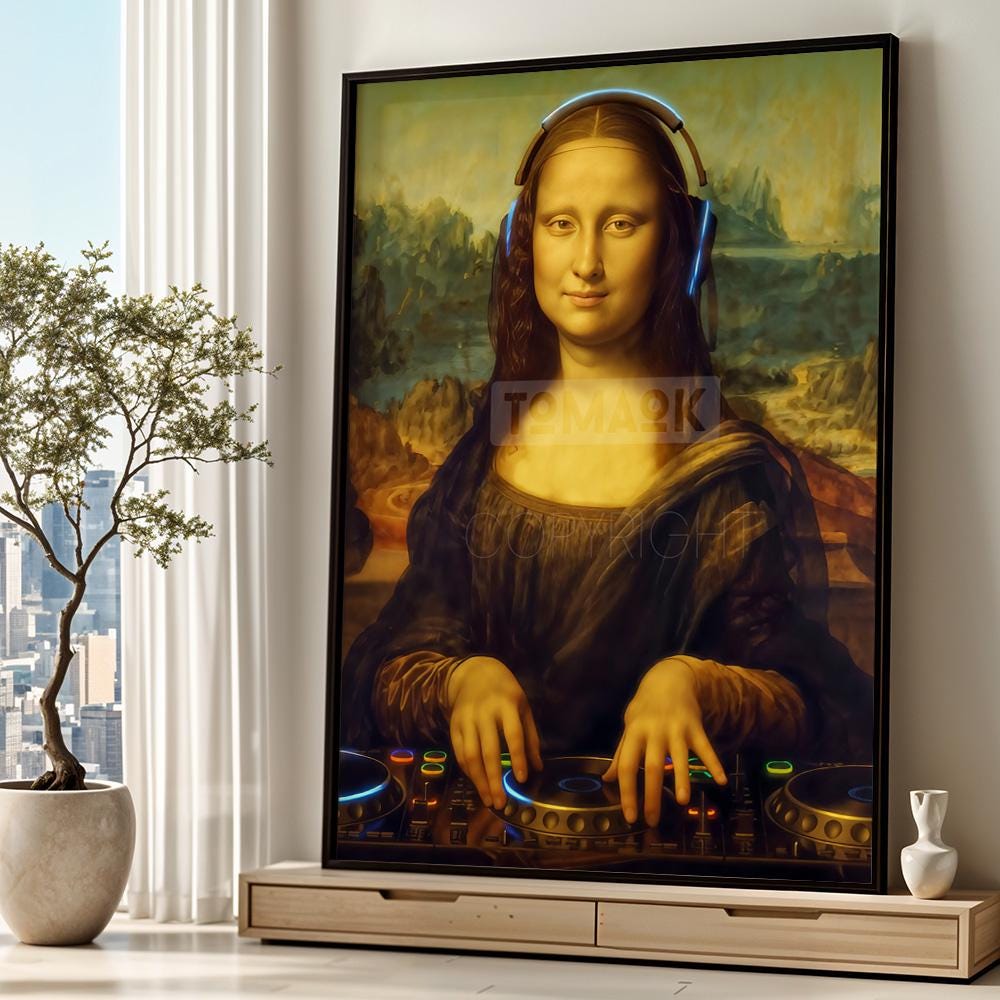 Mona Lisa DJ Art Poster Print, Funny Parody Decor, Large Wall Art
