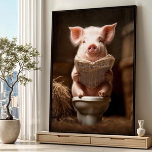Póster de cerdo leyendo el periódico en el baño, diseño de granjero, arte mural con animales 00046