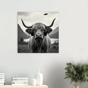 Highland Cow UFO Encounter / Poster estetico in bianco e nero / Poster in carta semi-lucida di alta qualità