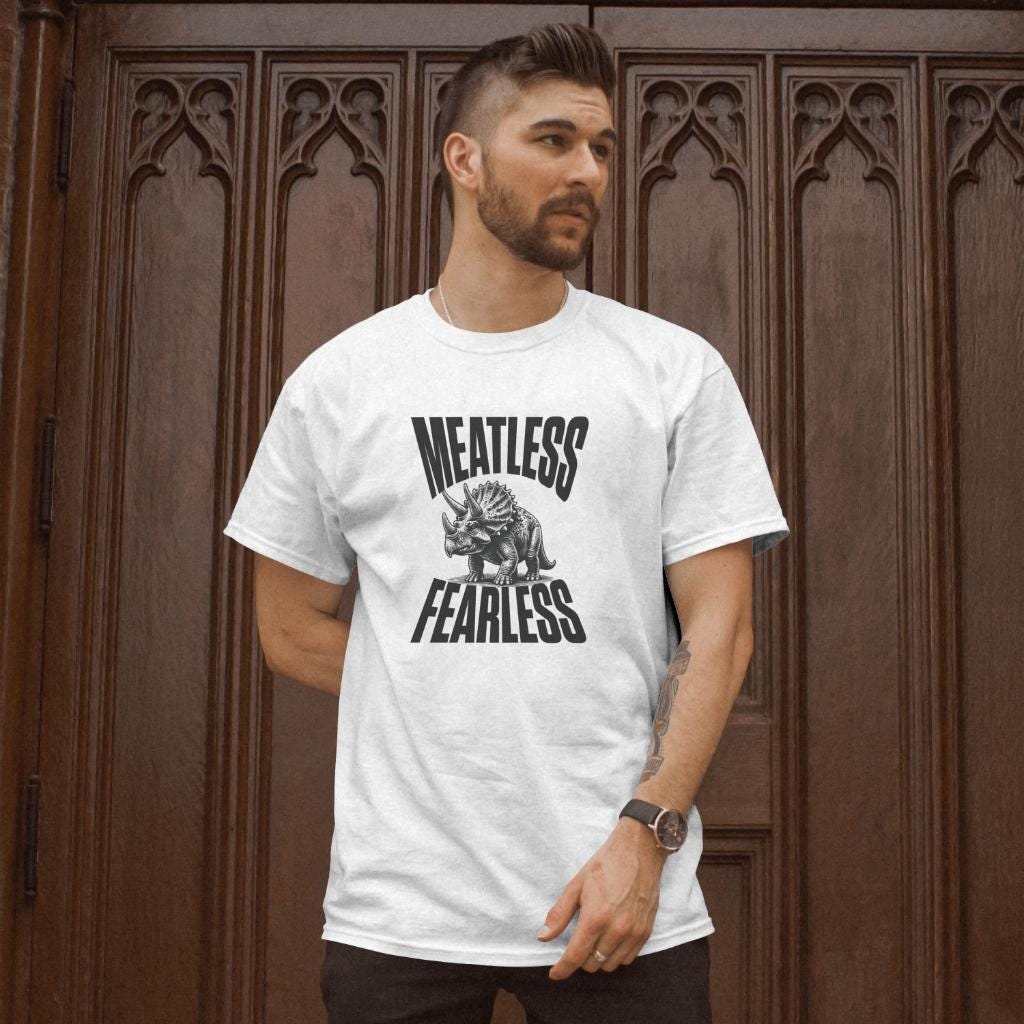Meatless Fearless Triceratops T-Shirt - Vegan Dinosaur Shirt, Plant-Based Funny Tee, Herbivore Pride, Animal Lover Gift