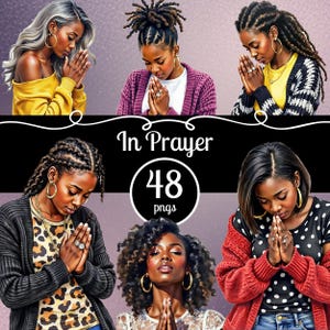 Black Women Praying Clipart Bundle: Watercolor Style PNGs, Faith-Based Art, Diverse Religious Illustrations