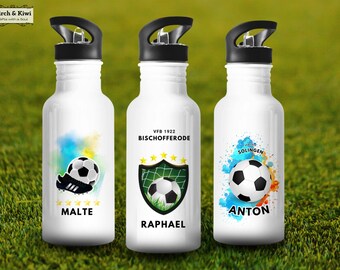 May include: Three white water bottles with black lids and flip-top spouts. Each bottle has a different design featuring a soccer ball, a soccer player, and a soccer team logo. The names "Malte", "Raphael", and "Anton" are printed on the bottles.