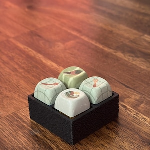 Może przedstawiać: Zestaw czterech dekoracyjnych, kwadratowych przedmiotów z różnymi wzorami, każdy umieszczony w małej, czarnej, prostokątnej tacy. Przedmioty mają jasną zielono-białą kolorystykę, z ilustracjami na wierzchu. Taca stoi na drewnianej powierzchni.