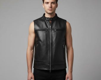 Handmade Black Leather Biker Vest – Sleeveless Motorcycle Waistcoat