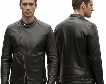 Men's Black Cowhide Leather Jacket | Asymmetrical Zipper, Streetwear