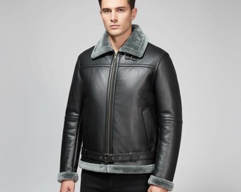 Handmade Black Leather Aviator Jacket – Men's Shearling Winter Coat