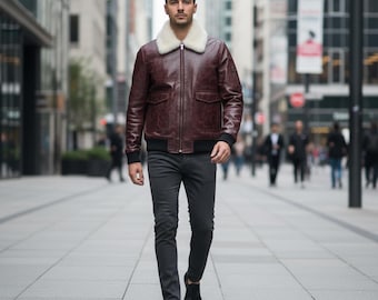 Burgundy Leather Aviator Jacket | Faux Fur Collar, Vintage Style