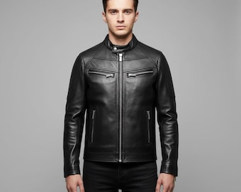 Men's Black Leather Racer Jacket – Slim Fit Motorcycle Jacket