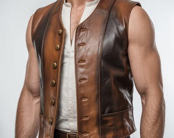 Handmade Steampunk Pirate Leather Vest - Brown Sheepskin Cosplay Outfit