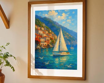 Trendy aquarelprint Amalfikust, kustkunst downloaden, kunst aan de muur Italië, mediterraan decor