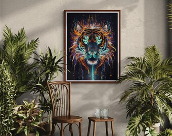 Neon Electric Tiger Head Digital Art | Vibrant Colorful Animal Print for Home Decor | Unique Gift for Bold Home Design | Wildlife Lovers