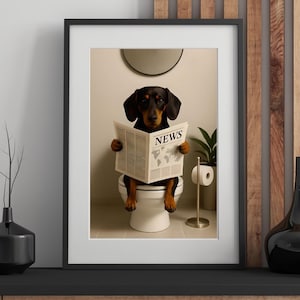 Digital Wall Art | Dachshund Reading Newspaper | Sausage Dog | Bathroom Decor | Funny Toilet Room Print Gift | Dog Lovers | Pets | Weiner