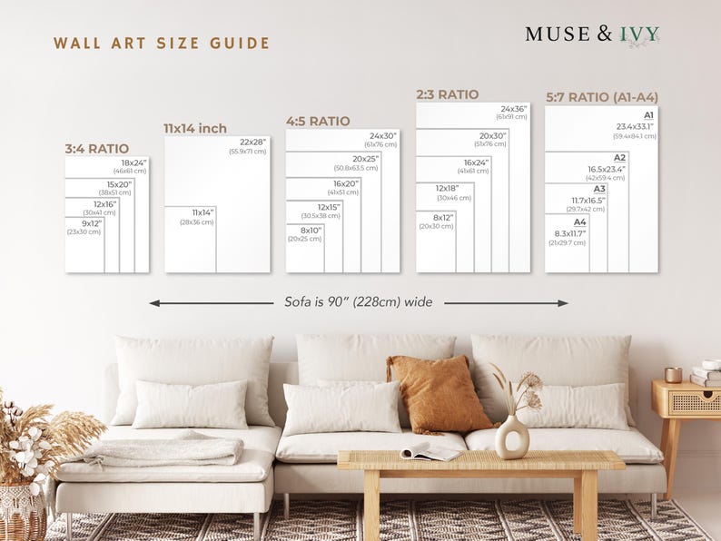 May include: Wall art size guide with dimensions in inches, including 11x14 inch, 22x28 inch, and 24x36 inch sizes. The guide also shows the 3:4, 4:5, 2:3, and 5:7 ratios. The sofa is 90 inches wide.