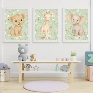 Whimsical Safari Animals Nursery Decor | Set of 3 Prints | Gender-Neutral Wall Art | Boho Pastel Green Nursery | Digital Download
