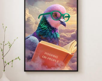 Divertida paloma leyendo mientras defeca sobre la gente / Lámina digital descargable para baño / Decoración divertida para el hogar / Arte de baño con humor de moda