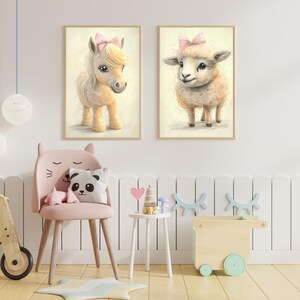 Farm Animal Nursery Art Prints | Pink Bow Decor (Digital Download)