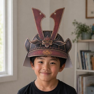 Puede incluir: Un niño lleva un casco de samurái de papel. El casco es principalmente negro y burdeos con elementos decorativos. El casco tiene un diseño detallado y lo lleva un niño sonriente.