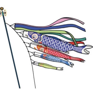 May include: Illustration of a Koinobori, or carp streamer, with five colourful fish flags in blue, red, and green. The fish are attached to a pole with a decorative top and flowing ribbons.