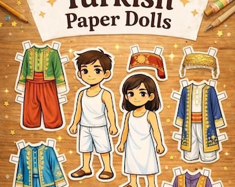 Activité culturelle du Ramadan et de l'Aïd (Bayram) pour enfants - Ensemble de déguisement traditionnel à imprimer pour poupées en papier turques |