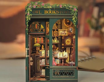 Illuminated Owl Bookstore Miniature Kit, Wooden 3D Puzzle, Dollhouse Decor (LED Lights)